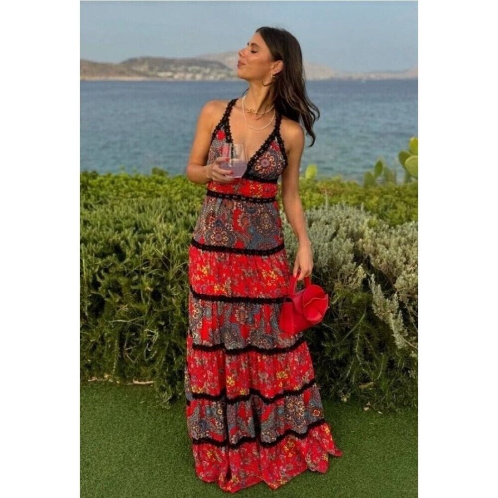 Alice + Olivia Karolina Red Tiered Halter Maxi Dress 6 - Picture 4 of 11